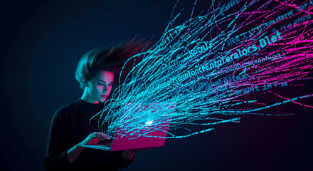 Woman typing on pink laptop surrounded by flowing blue and purple code streams. Digital programming and cyber data visualization. Innovative technology concept for software development, future