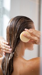 Naklejka premium Solid shampoo bar in use during shower, eco-friendly hair care routine, sustainable bathroom essentials, plastic-free personal hygiene, environmentally conscious toiletries choice