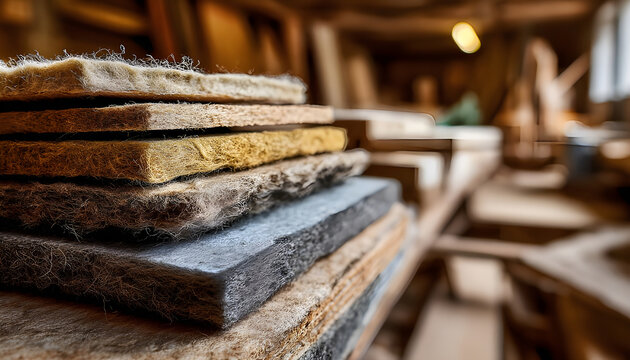 Medium shot capturing layers of natural fiber insulation materials displayed in a workshop illustrating diverse ecoconscious options for sustainable home improvement.