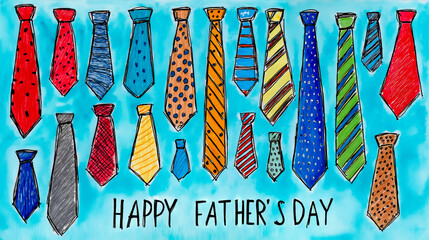 A colorful illustration of a collection of ties with various patterns and colors set against a blue background with the text Happy Father's Day at the bottom