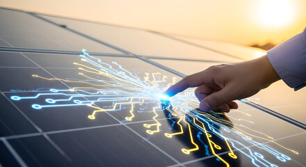 Hand touching glowing digital circuit on solar panel at sunset. Renewable energy technology interface. Sustainable power innovation and eco-friendly future concept.