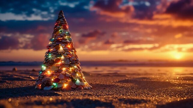 A beach scene with a Christmas tree made of seashells and illuminated by colorful lights