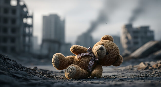 Teddy bear lying on rubble in destroyed cityscape. Symbol of lost childhood innocence amid urban devastation. Post-apocalyptic scene evoking war aftermath and abandonment.