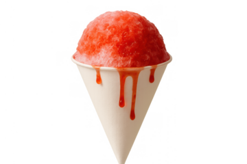 Shaved ice cone with red syrup dripping, a refreshing summer dessert on a transparent background