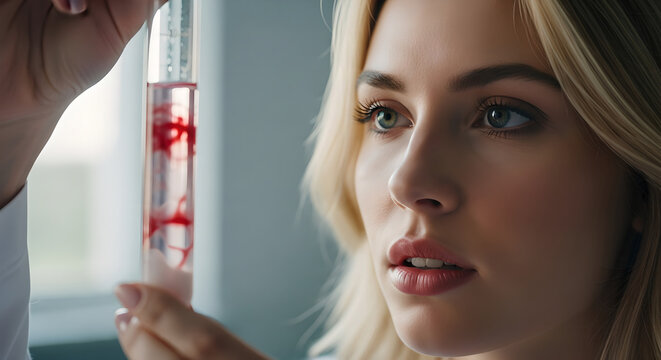 Woman scientist holding test tube with red liquid sample. Laboratory examination of biological specimen. Medical research and biotechnology innovation concept. - Powered by Adobe