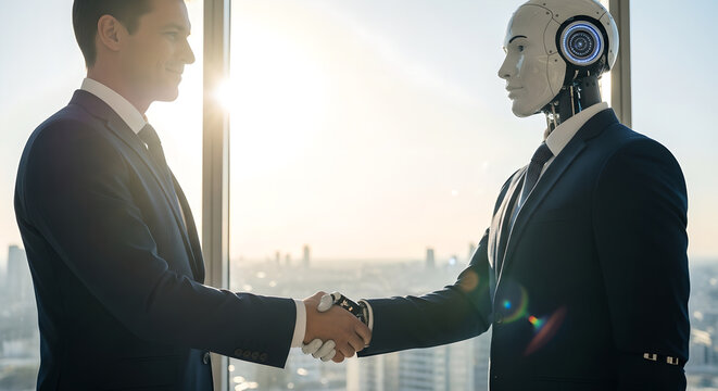Businessman shaking hands with humanoid robot in modern office. Human-AI collaboration concept. Future technology integration in corporate partnership.