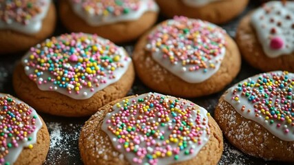 Video Freshly baked cookie with colorful sprinkles, ideal for food or social media posts