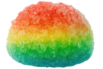 Shaved ice dessert displaying vibrant rainbow colors, cold sweet refreshing treat for summer on transparent background