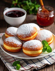 A plate of Ukrainian pampushky sweet doughnuts is dusted with powdered sugar and served with jam.