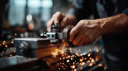Faceless operator hands at finishing metal working lathe grinder machine operation sparks flying process industrial grinding work manufacturing finishing task