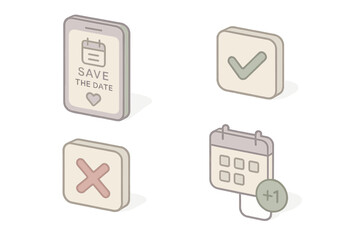 Minimalist RSVP Icons. Isometric vector illustration set of event RSVP features: digital invitation “save the date”, attendance