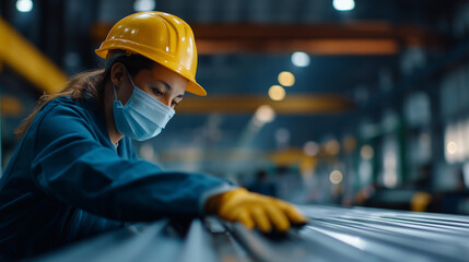 Faceless worker in safety gear inspecting corrugated metal sheet roofing panel quality control roll forming machine production factory manufacturing process industrial