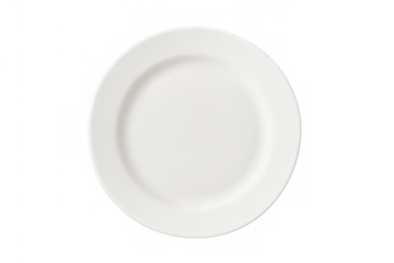 Empty white ceramic dinnerware plate on transparent background for food presentation or restaurant menu design