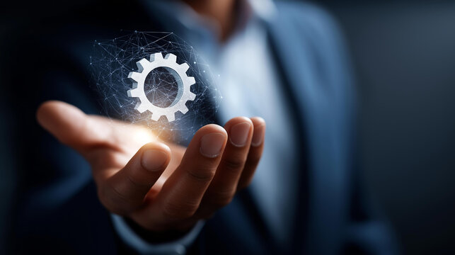 Faceless businessman hand presenting glowing gear mechanism digital network visualization teamwork and engineering representation operational excellence concept industrial - Powered by Adobe