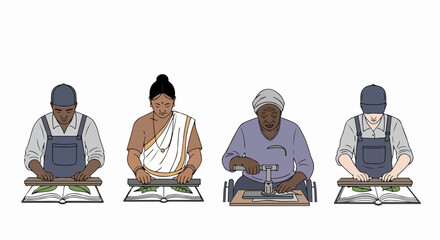 Handloom work and the unity in diversity. Illustrative composition showcasing diverse people engaged in handloom work, highlighting unique cultural backgrounds and attire.