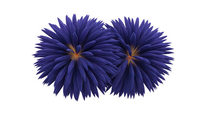 Two vibrant blue abstract flowers with layered petals and yellow centers, isolated on transparent background, evoke sense of creativity and modern digital art