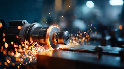 Internal grinding of cylindrical part with abrasive wheel machine sparks flying metal machining process industrial grinding operation manufacturing fabrication work