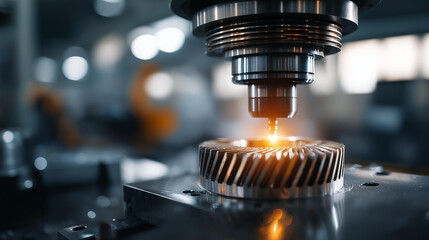 Modern CNC milling machine making large cogwheel precision gear manufacturing industrial machining process automated metal fabrication production equipment operation