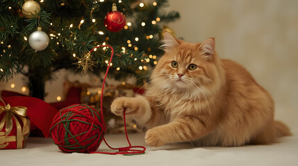 Obraz premium Ginger cat with bright orange fur and green eyes playing with a ball of red and green yarn near a fully decorated Christmas tree with sparkling white lights, colorful ornaments, and a golden star