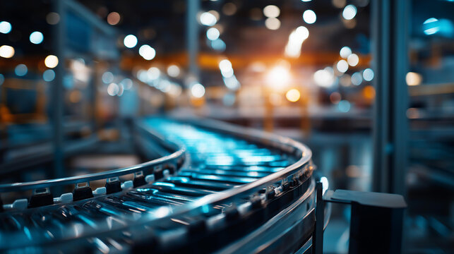 Empty modern conveyor belt production line industrial equipment component factory plant automation system line machinery manufacturing facility infrastructure - Powered by Adobe