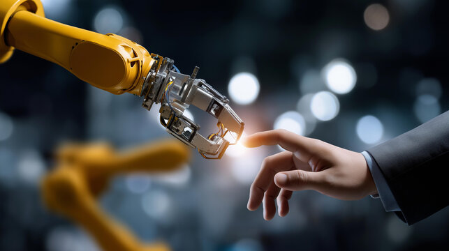 Faceless robotic engineer hands checking automation quality system robot arms machine inspection factory service programming welding robots production industrial machinery - Powered by Adobe