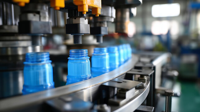 Automatic PET plastic bottle blow moulding machine operation industrial production equipment beverage packaging manufacturing automated molding process factory production