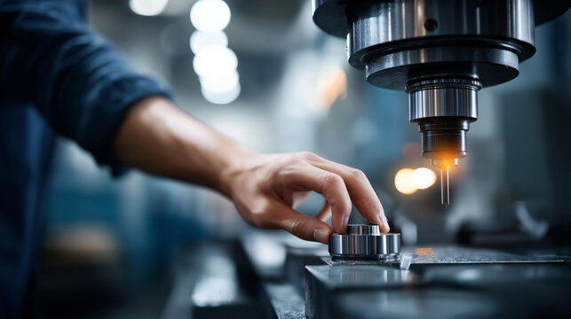 Faceless operator hands at CNC milling machine controls metal processing and laser cutting industrial manufacturing operation motion blur technology machine tools exhibition