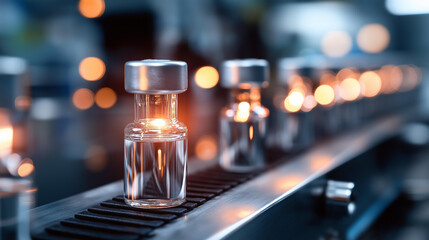 Obraz na płótnie Canvas Medical insulin pen on conveyor belt production drug manufacturing plant injector pens assembly line pharmaceutical factory process weight loss medication production