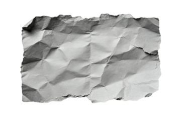 Crumpled white paper with torn edges and grey wrinkled texture, isolated blank sheet for grunge background design, damaged creased document surface detail, realistic ripped note material macro
