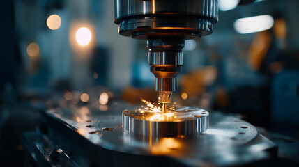 Machine tool in metal factory with drilling equipment CNC machines operation industrial manufacturing machinery automated production technology metalworking fabrication