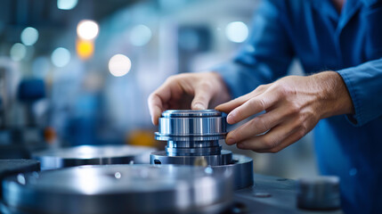 Faceless engineer hands checking metal component at machine receptacle factory inspection process quality control verification industrial manufacturing examination production