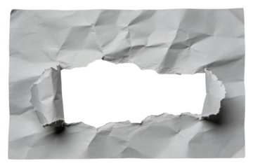 Realistic torn wrinkled paper with grey grunge texture, isolated crumpled sheet for background or design element, old damaged creased surface detail, scrap document material with closeup pattern