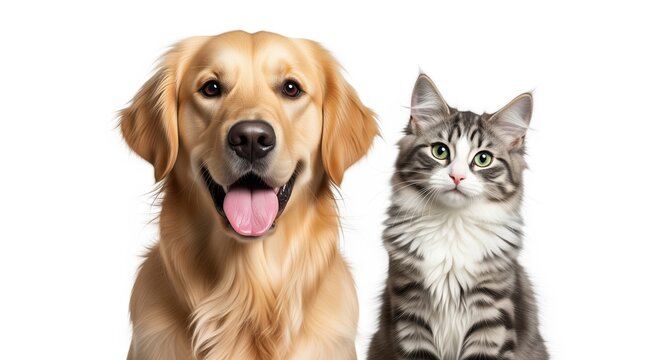 A golden retriever dog and a tabby kitten sit together against a clean white background. The dog has a happy expression with its tongue out. Perfect for pet care or veterinary content. - Powered by Adobe