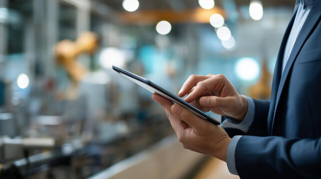 Faceless hands holding tablet controlling automation machine smart industry concept interface industrial control system manufacturing process monitoring production technology - Powered by Adobe