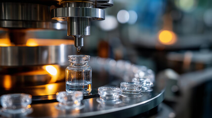 Faceless operator monitoring ampoule injection packing machine glass vial making process with fire pharmaceutical production factory medicine manufacturing facility healthcare