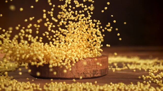 The fall of a wooden bowl with millet groats. Filmed on a high-speed camera at 1000 fps. High quality FullHD footage