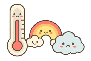 Emotional Atmosphere Doodles. Adorable doodle vector of thermometer, rainbow, and cloud characters measuring emotional atmosphere