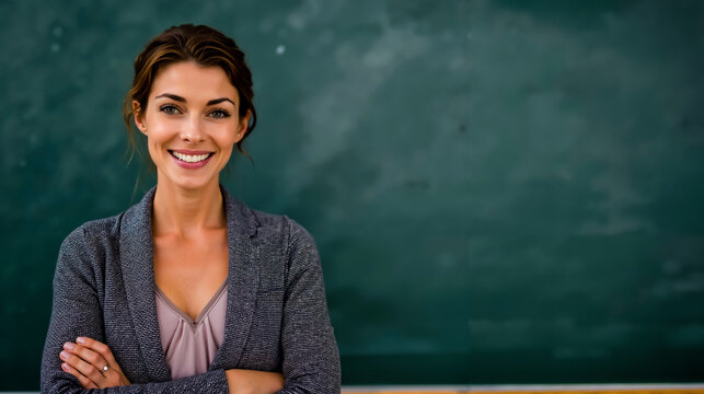 A smiling woman in a gray blazer and pink top standing in front of a green chalkboard