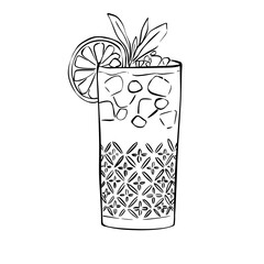 Hand-Drawn Citrus Iced Drink in Tall Glass — Line Art Illustration