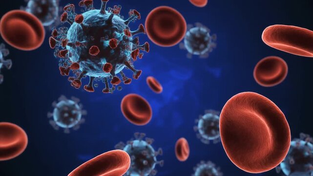 Microscopic View of Rapidly Mutating Virus Particles and Red Blood Cells in Deep Blue Plasma