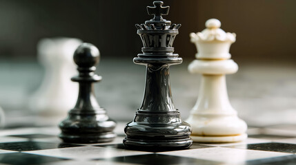 Fototapeta premium A close-up of three chess pieces on a checkered board