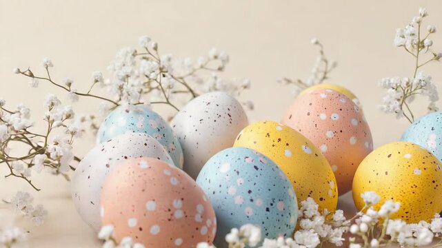 Video Colorful Easter eggs arranged on a table for decoration or gift-giving