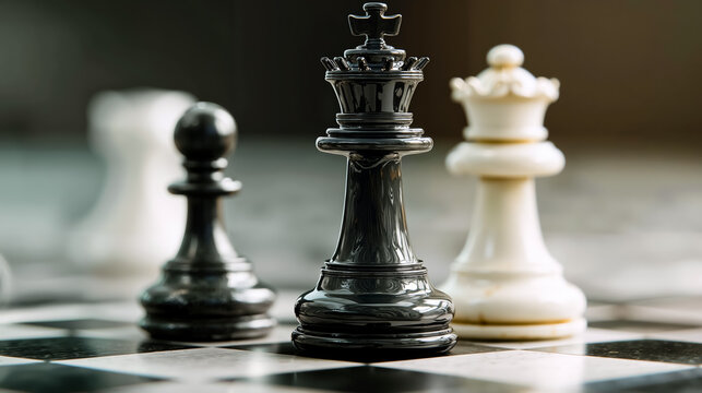 A close-up of three chess pieces on a checkered board - Powered by Adobe