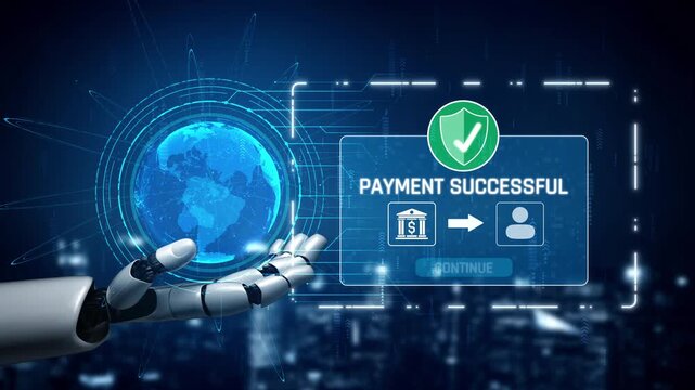 AI confirms secure payment transaction, verifying user identity, processing order, and authorizing completed digital payment within trusted financial systems. Marrow