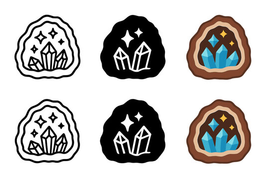 Geode Icon Styles. Open geode fragment with sparkling crystal interior, geometric clean minimalist icon, first in line style with