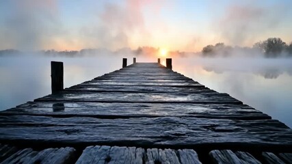 Morning light dances on the water as mist gently lifts from the lake. The old dock stretches into the peaceful scene, capturing the beauty of nature awakening.
