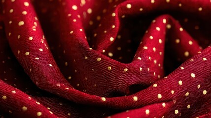 Deep Red Fabric with Gold Polka Dots and Subtle Texture Close Up Macro Shot