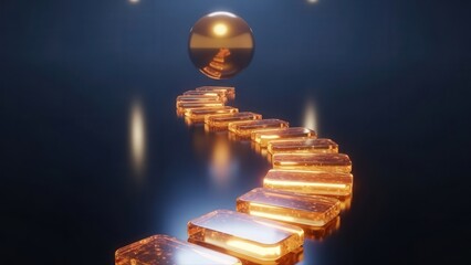 Curved track across shimmering metal disks towards bright orb