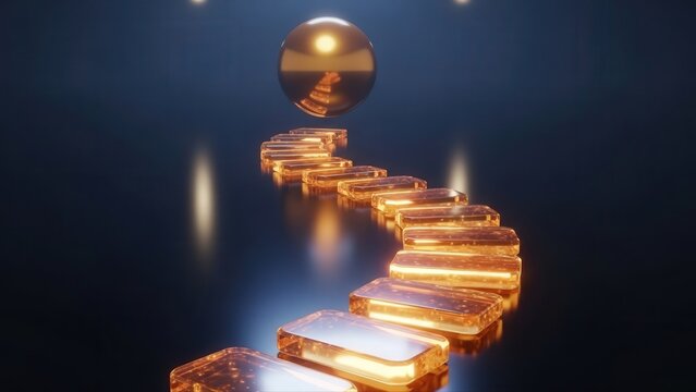 Curved track across shimmering metal disks towards bright orb - Powered by Adobe