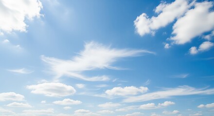 Fototapeta premium Bright blue sky filled with white fluffy clouds scattered across the scene. Perfect for weather backgrounds, peaceful nature themes, or uplifting outdoor projects and designs.